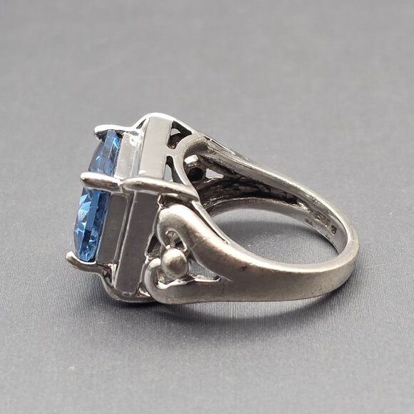Sterling Silver Blue Sapphire Cathedral Ring Size 6 Scrolled Heart 7.43g Signed - Picture 2 of 13